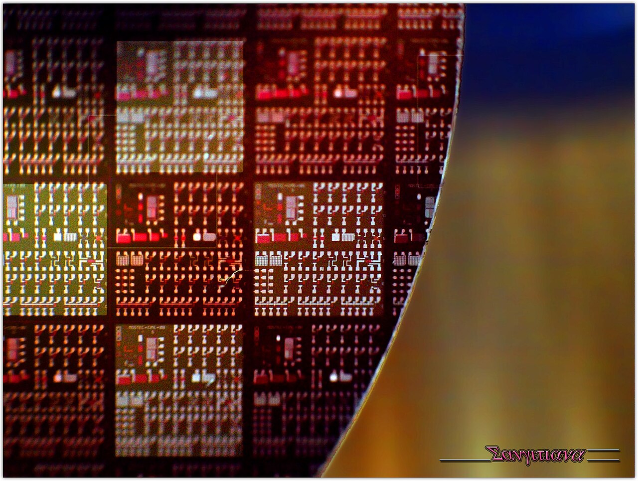 Makroaufnahme der Chipstrukturen auf einem Silizium-Wafer