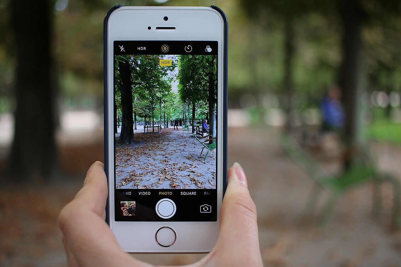 Eine Hand hält ein iPhone mit geöffneter Kamera-App, dahinter eine unscharfe Baumallee im Park.